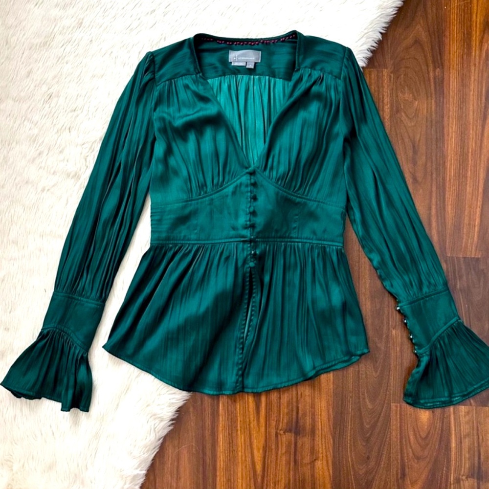 Anthropologie Emerald Green Button Down Long Sleeve Boho Plunging V XS Blouse